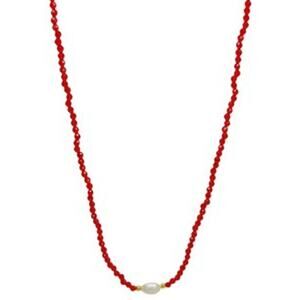 Dainty Baroque FW Cultured Pearl & Red Glass Bead Necklace 18"